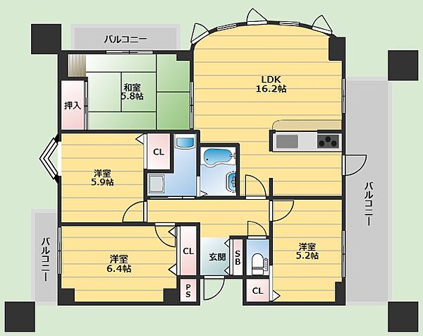 ライオンズマンション豊中西緑丘 ｜大阪府豊中市向丘1丁目(賃貸マンション4LDK・6階・84.44㎡)の写真 その2