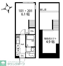 ハーミットクラブハウス境之谷IIB棟 2階1Kの間取り