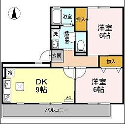 JR横浜線 橋本駅 徒歩15分の賃貸アパート 2階2DKの間取り