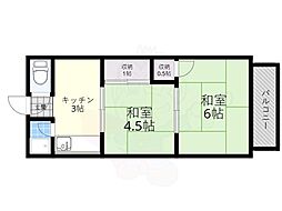 近鉄京都線 伊勢田駅 徒歩10分の賃貸アパート 2階2Kの間取り