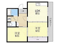 ベルヴィル伊勢田 1階2LDKの間取り
