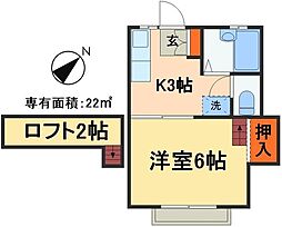 京成本線 京成大久保駅 徒歩17分の賃貸アパート 2階1Kの間取り