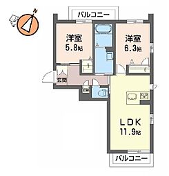 JR徳島線 鮎喰駅 徒歩9分の賃貸マンション 2階2LDKの間取り