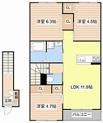 JR東海道・山陽本線 南彦根駅 徒歩15分の賃貸アパート 2階3LDKの間取り