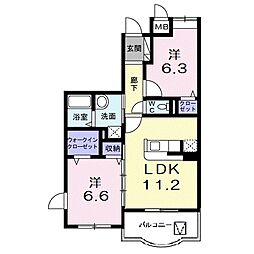 JR北陸本線 長浜駅 徒歩23分の賃貸マンション 2階2LDKの間取り
