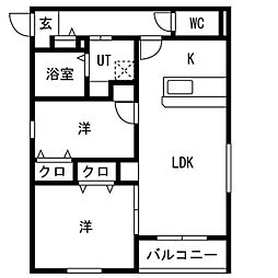 名鉄瀬戸線 瓢箪山駅 徒歩8分の賃貸アパート 2階2LDKの間取り