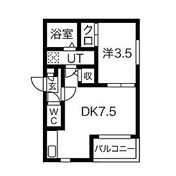 ハーモニーテラス下飯田町III 2階1DKの間取り