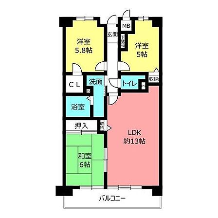 約13帖の広々としたLDKに和室が隣接し、使い勝手の良い動線が魅力の間取り図です。各居室に収納が備わり、バルコニーからの採光や通風も期待できる快適な居住空間となっています！