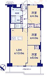 カネボウ川口グリーンマンションA 3DKの間取図画像
