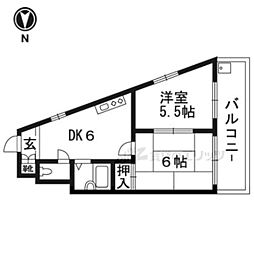 スカイコーポ久御山Ｃ棟 3階2DKの間取り