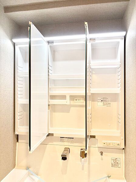 三面鏡の裏に、化粧品や衛生用品などを収納可能。洗面台をすっきりと保ちます!