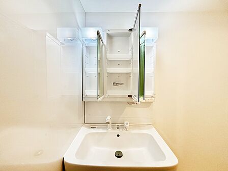三面鏡の裏に、化粧品や衛生用品などを収納可能。洗面台をすっきりと保ちます!