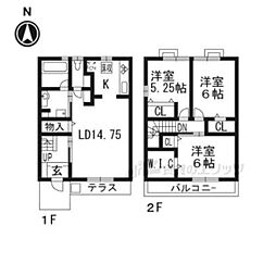 JR東海道・山陽本線 草津駅 徒歩28分の賃貸テラスハウス 2階3LDKの間取り