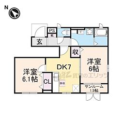 ヴァンベール・渡岸寺 1階2DKの間取り