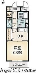 ルトゥール 4階1DKの間取り