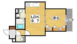 クリエオーレ大利元町 2階1LDKの間取り