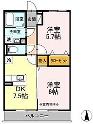 東武伊勢崎線 谷塚駅 徒歩31分の賃貸アパート 2階2DKの間取り