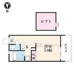 近鉄けいはんな線 新石切駅 徒歩28分の賃貸アパート 1階1Kの間取り