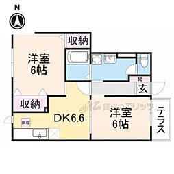 カーサプラシード 1階2DKの間取り