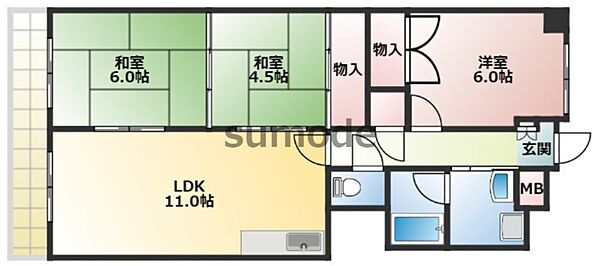 第2茨木ビューハイツ7号棟 ｜大阪府茨木市平田2丁目(賃貸マンション3LDK・4階・64.40㎡)の写真 その2