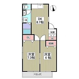レーベンハイツ1号棟 2DKの間取図画像