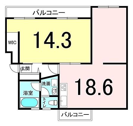 1LDK バルコニー2ヵ所有り
