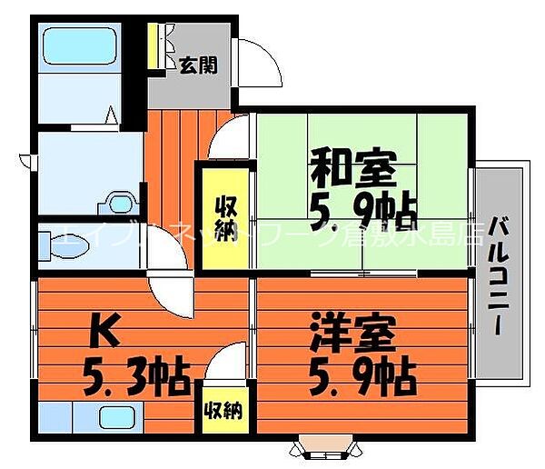 パシフィックコートII ｜岡山県倉敷市四十瀬(賃貸アパート2K・2階・42.98㎡)の写真 その2