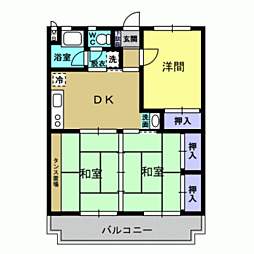 JR指宿枕崎線 宇宿駅 桜ヶ丘5丁目バス停下車 徒歩29分の賃貸マンション 3階3DKの間取り