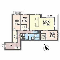 鹿児島市電1系統 荒田八幡駅 二中通駅　徒歩16分、　鹿児島下車 徒歩13分の賃貸マンション 2階3LDKの間取り