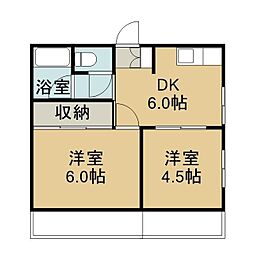 鹿児島市電1系統 新屋敷駅 徒歩8分の賃貸マンション 3階2DKの間取り