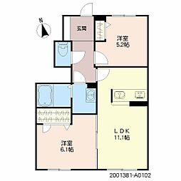 JR日豊本線 加治木駅 徒歩12分の賃貸アパート 1階2LDKの間取り