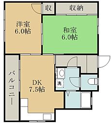 鹿児島市電1系統 上塩屋駅 徒歩6分の賃貸マンション 3階2DKの間取り