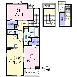 JR鹿児島本線 川内駅 徒歩7分の賃貸アパート 3階2LDKの間取り