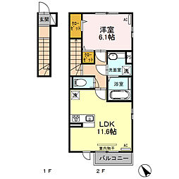 JR鹿児島本線 川内駅 火扇下車 3.5kmの賃貸アパート 2階1LDKの間取り