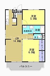 鹿児島市電1系統 笹貫駅 桜ヶ丘交番前下車 徒歩22分の賃貸マンション 2階2LDKの間取り