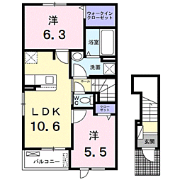 JR鹿児島本線 川内駅 バス10分 田崎東下車 徒歩2分の賃貸アパート 2階2LDKの間取り