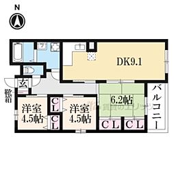 京阪本線 光善寺駅 徒歩11分の賃貸マンション 2階3DKの間取り