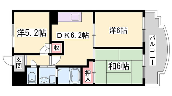 ロイヤルコーポ加古川 ｜兵庫県加古川市加古川町北在家(賃貸マンション3DK・5階・51.77㎡)の写真 その2