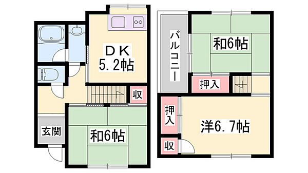 加古川ヤングハイツ ｜兵庫県加古川市加古川町美乃利(賃貸アパート3DK・2階・57.59㎡)の写真 その2