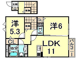 宮の前プラザ 2階2LDKの間取り