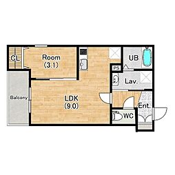 ザカラー東本町B棟 1LDKの間取図画像