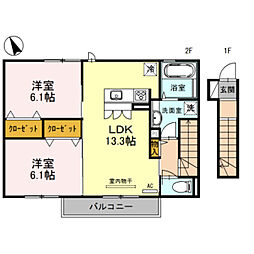 リッシュ・アヴニール B棟 2階2LDKの間取り