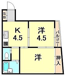 平野マンション 2DKの間取図画像