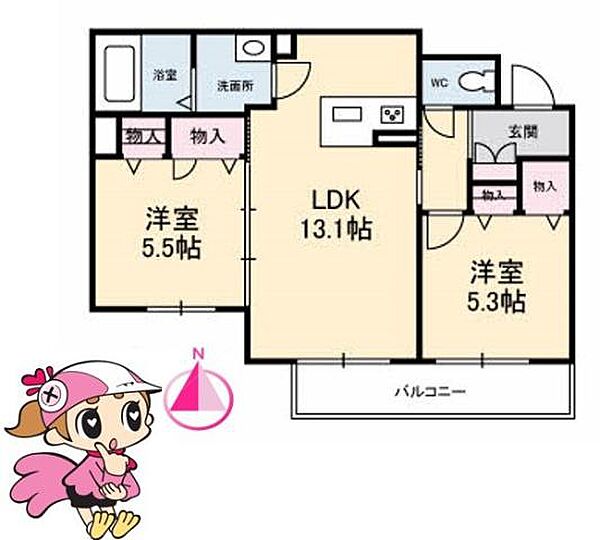 徳島県徳島市鮎喰町１丁目(賃貸マンション2LDK・2階・56.45㎡)の写真 その2