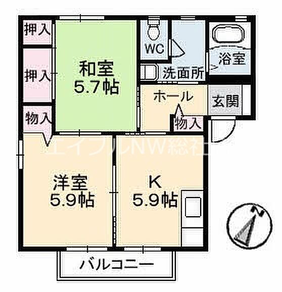 岡山県倉敷市福井(賃貸アパート2K・2階・43.75㎡)の写真 その2