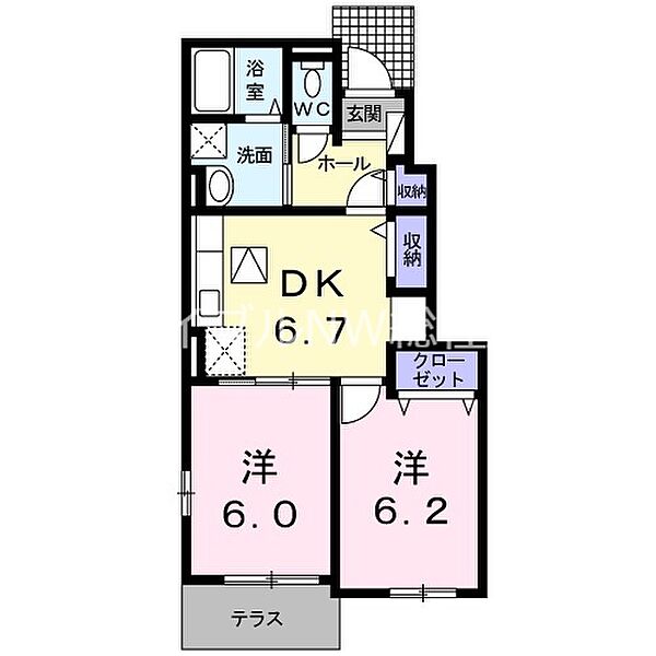 岡山県倉敷市上東(賃貸アパート2DK・1階・45.82㎡)の写真 その2