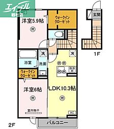 倉敷市宮前アパート 2LDKの間取図画像