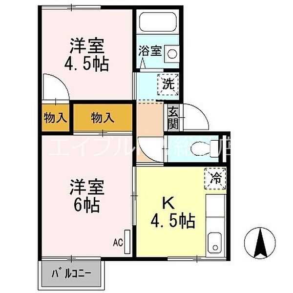 岡山県倉敷市宮前(賃貸アパート2K・2階・32.53㎡)の写真 その2