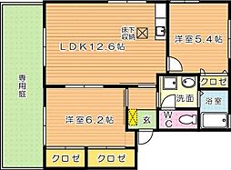 アクシス本城　B棟 1階2LDKの間取り