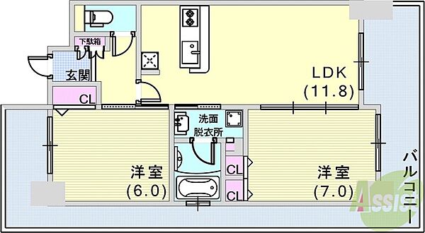 エステムプラザ神戸西Vミラージュ ｜兵庫県神戸市兵庫区西宮内町(賃貸マンション2LDK・2階・53.76㎡)の写真 その2